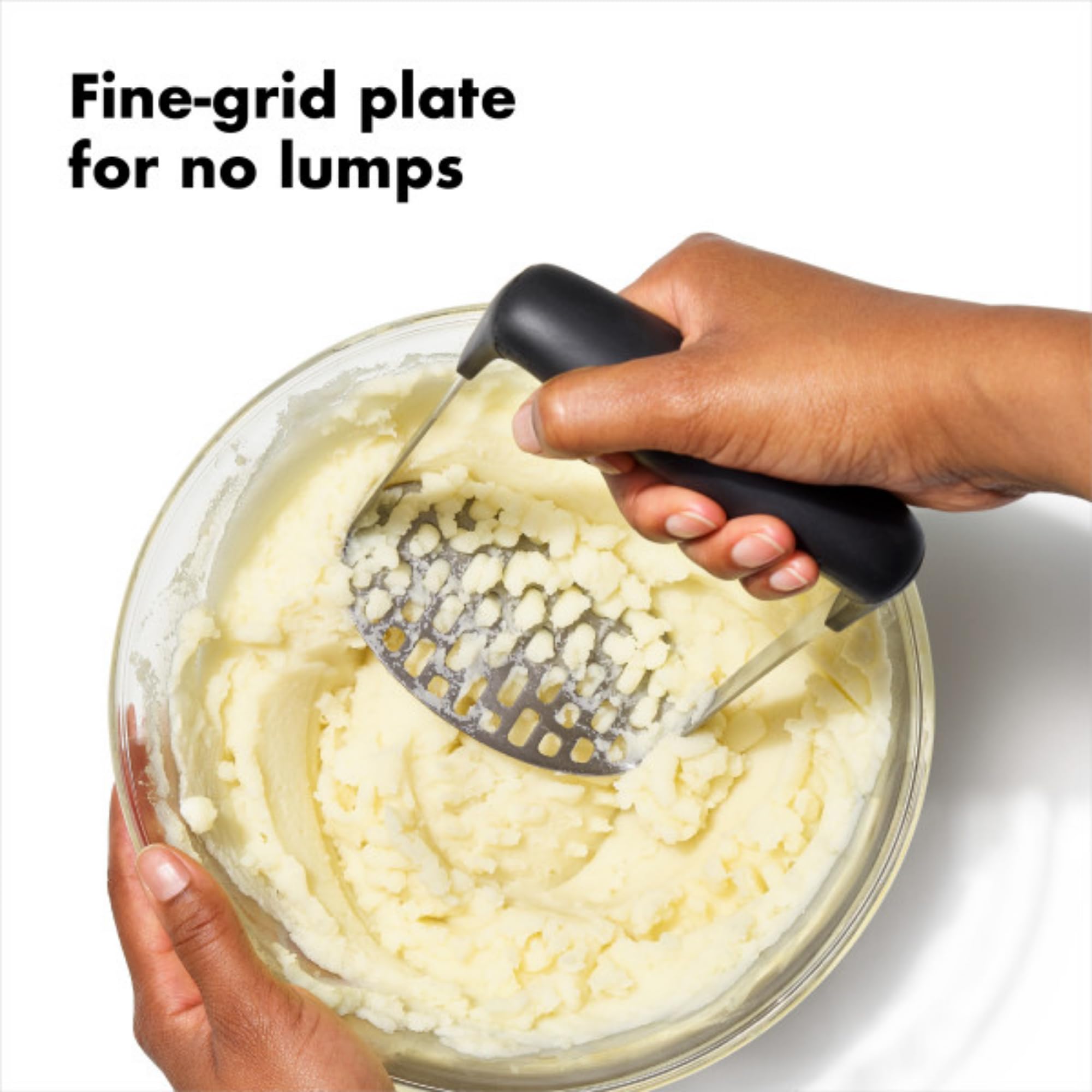 OXO Good Grips smooth potato masher handle with a comfortable non-slip grip.