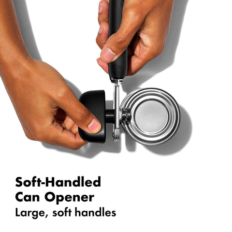 OXO Soft-Handled Can Opener close-up shows ergonomic knob for comfortable opening.