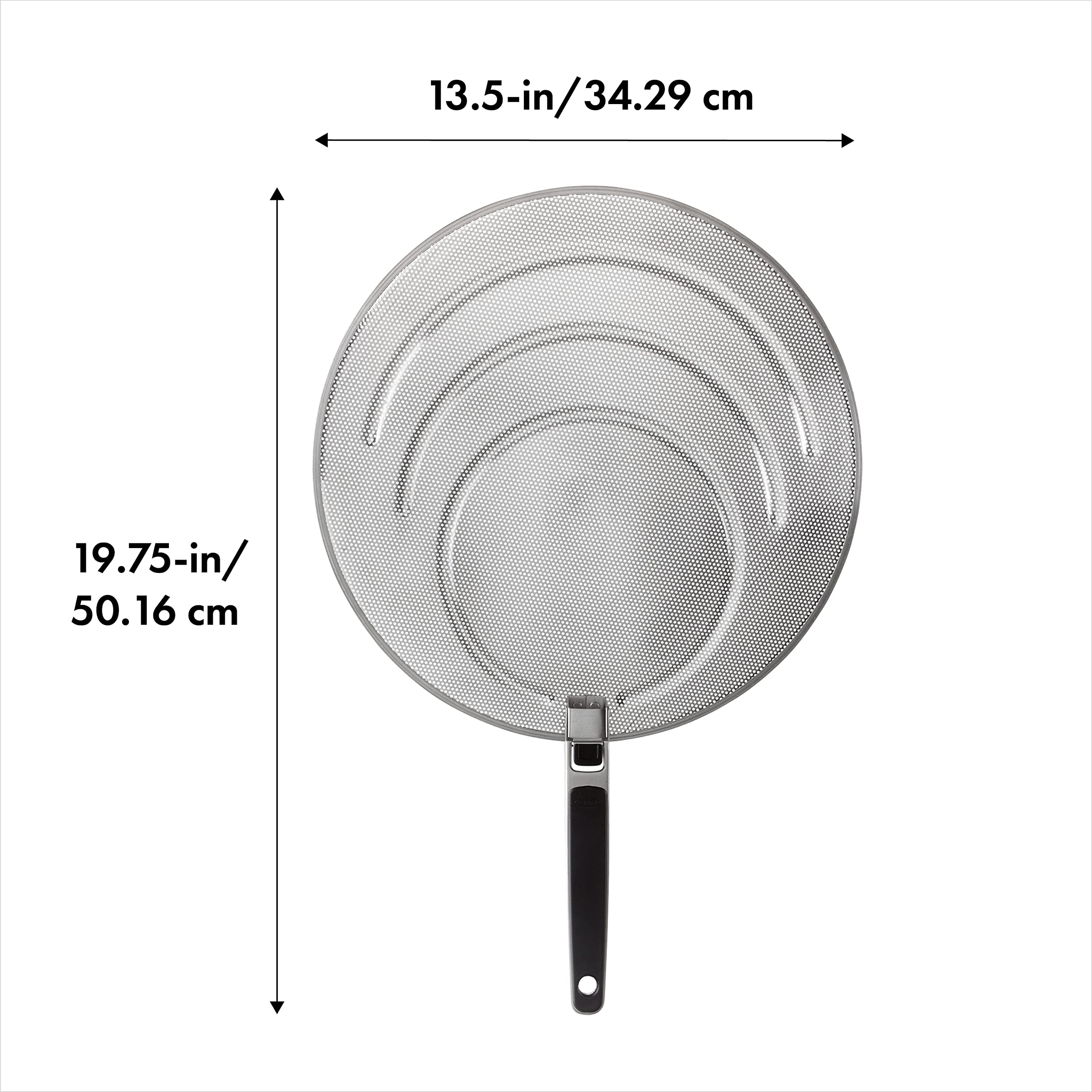 OXO Good Grips folding-handle splatter screen resting over a pan for storage.