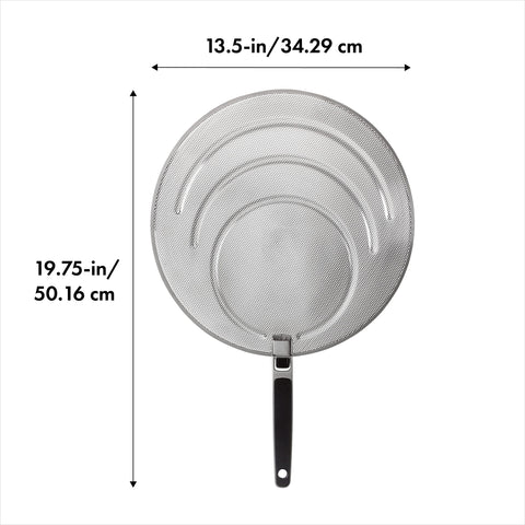 OXO Good Grips folding-handle splatter screen resting over a pan for storage.
