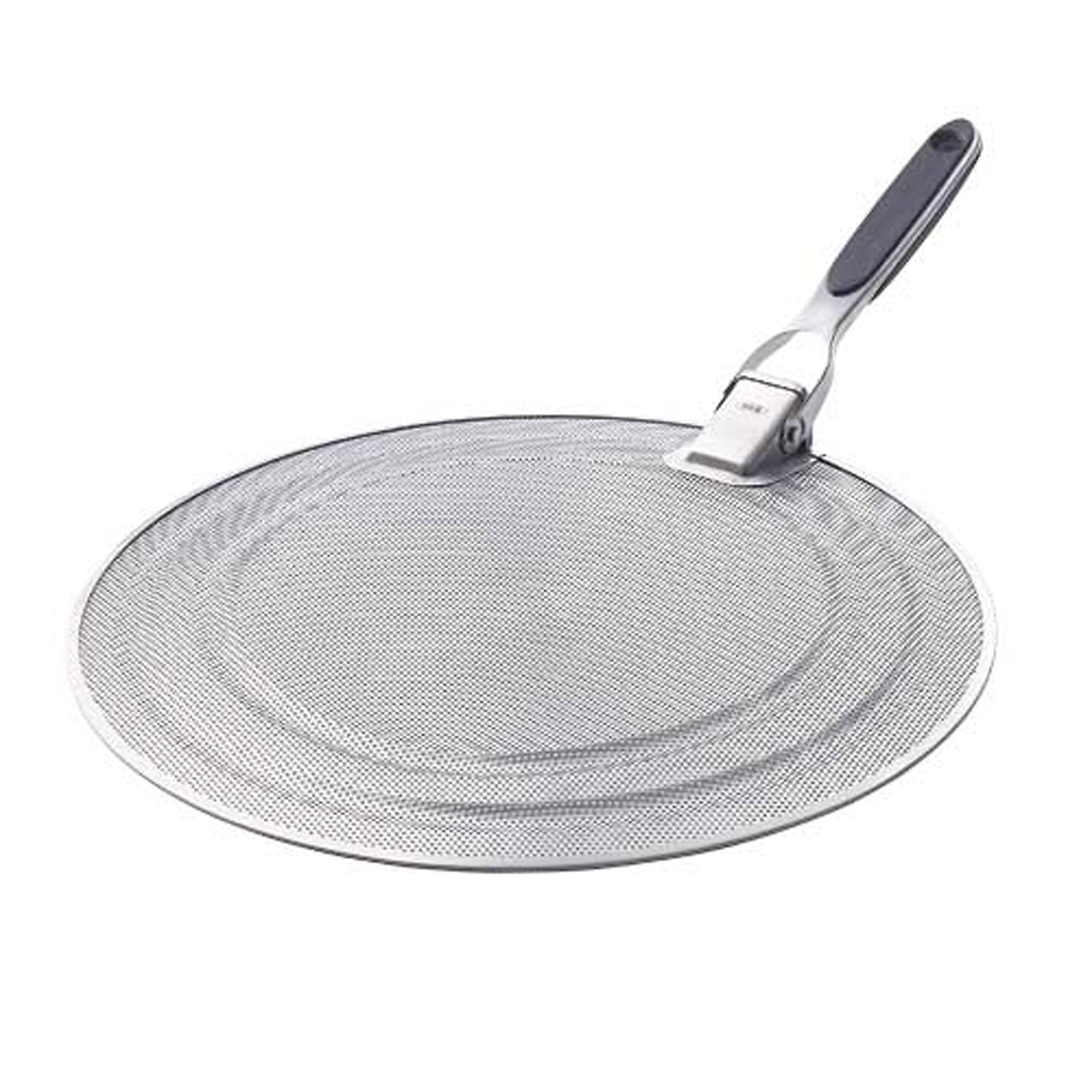 OXO Good Grips splatter screen in perforated stainless steel reduces grease while cooking.