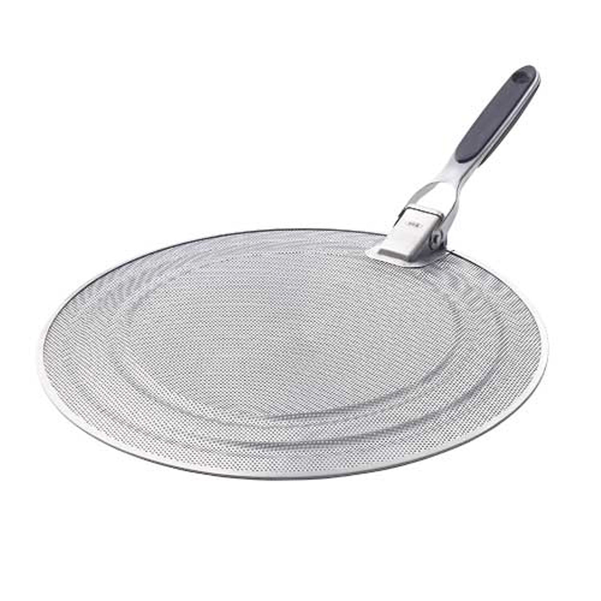 OXO Good Grips splatter screen in perforated stainless steel reduces grease while cooking.