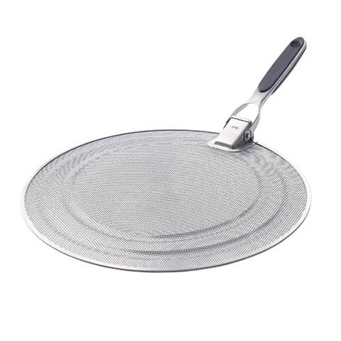OXO Good Grips splatter screen in perforated stainless steel reduces grease while cooking.