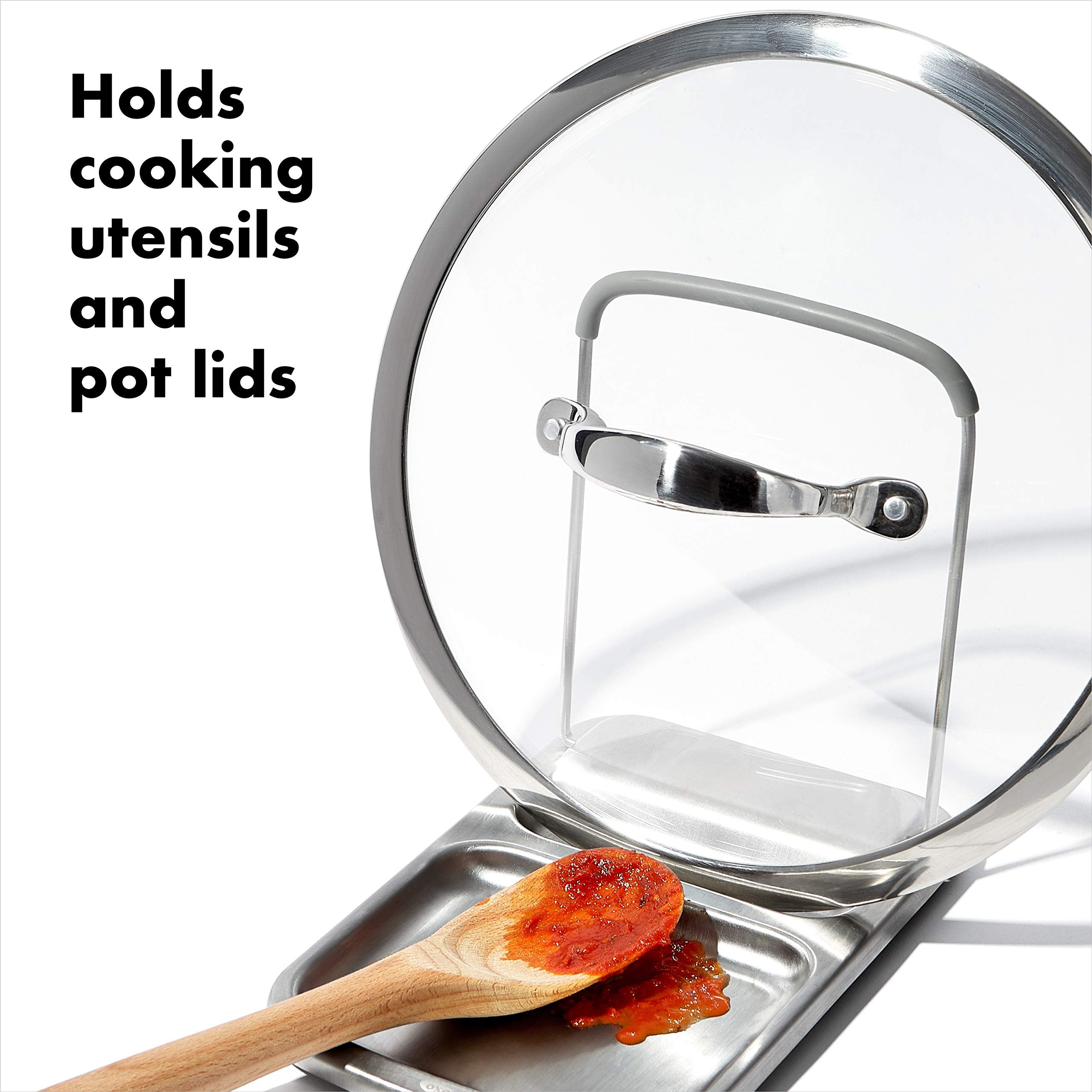 OXO Good Grips Spoon Rest base close-up shows stainless steel and generous size.