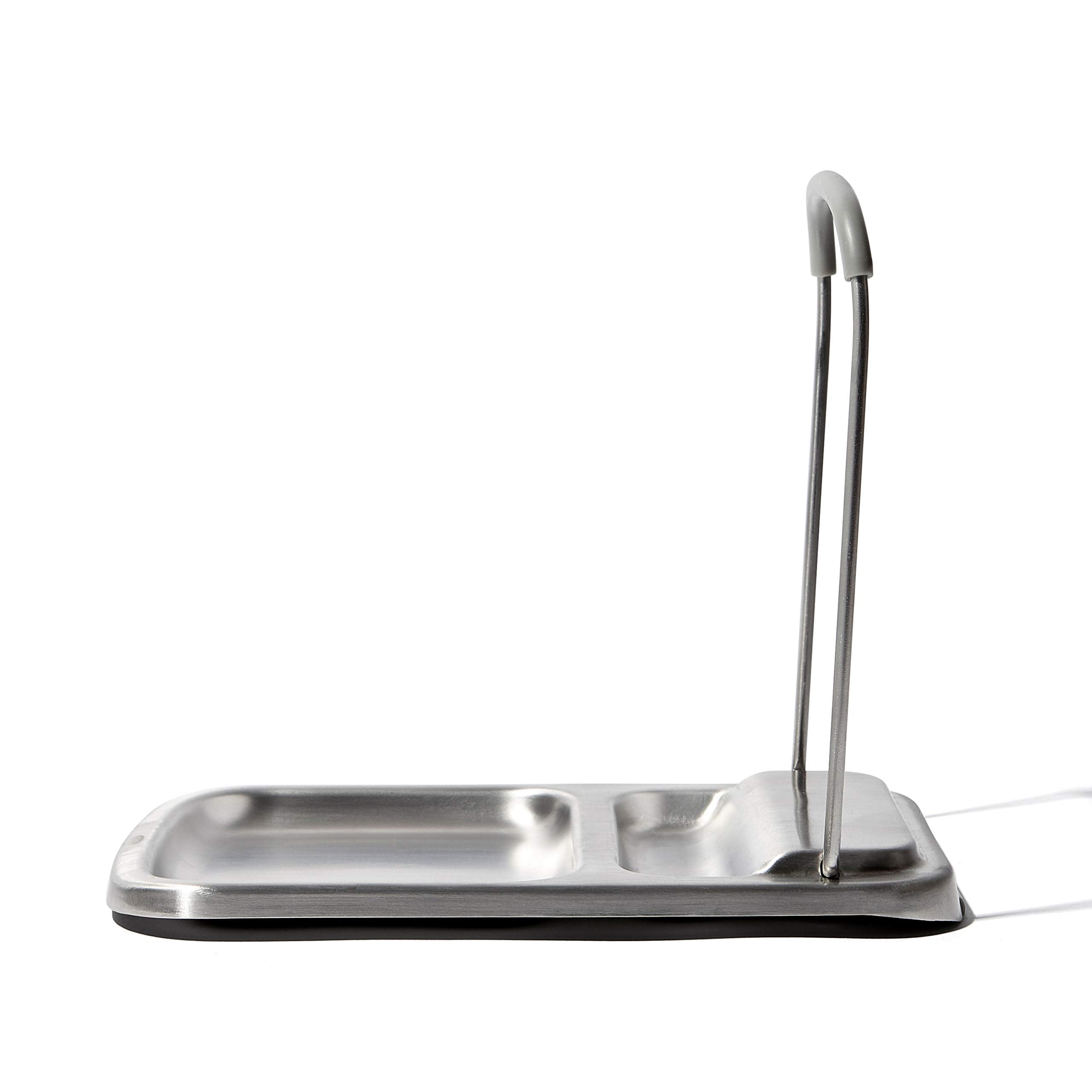 OXO Good Grips Spoon Rest with Lid Holder, front view, keeps countertops tidy.