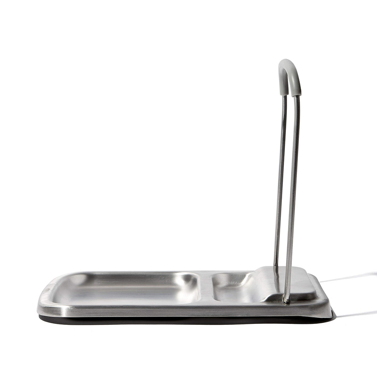 OXO Good Grips Spoon Rest with Lid Holder, front view, keeps countertops tidy.