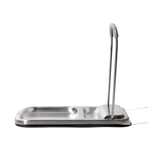 OXO Good Grips Spoon Rest with Lid Holder, front view, keeps countertops tidy.