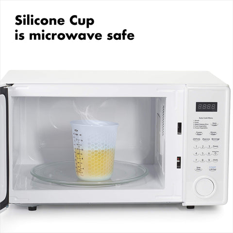 OXO Good Grips 4-cup silicone cup compatible with immersion blenders for smooth mixing.
