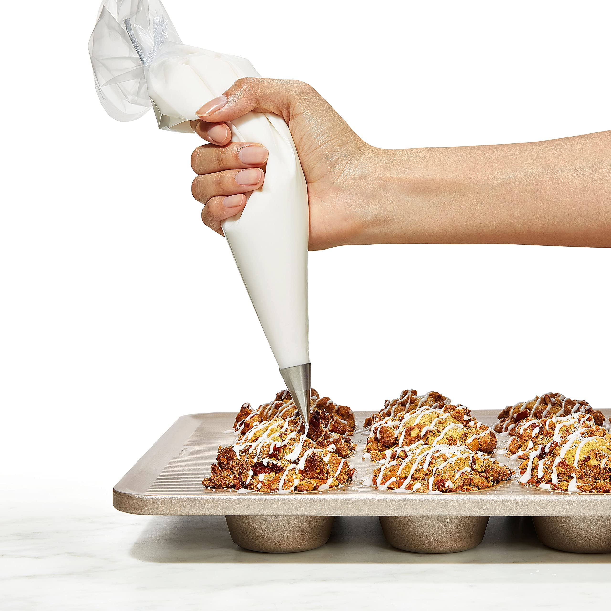 OXO Good Grips ceramic reinforced coating resists scratches and stains.