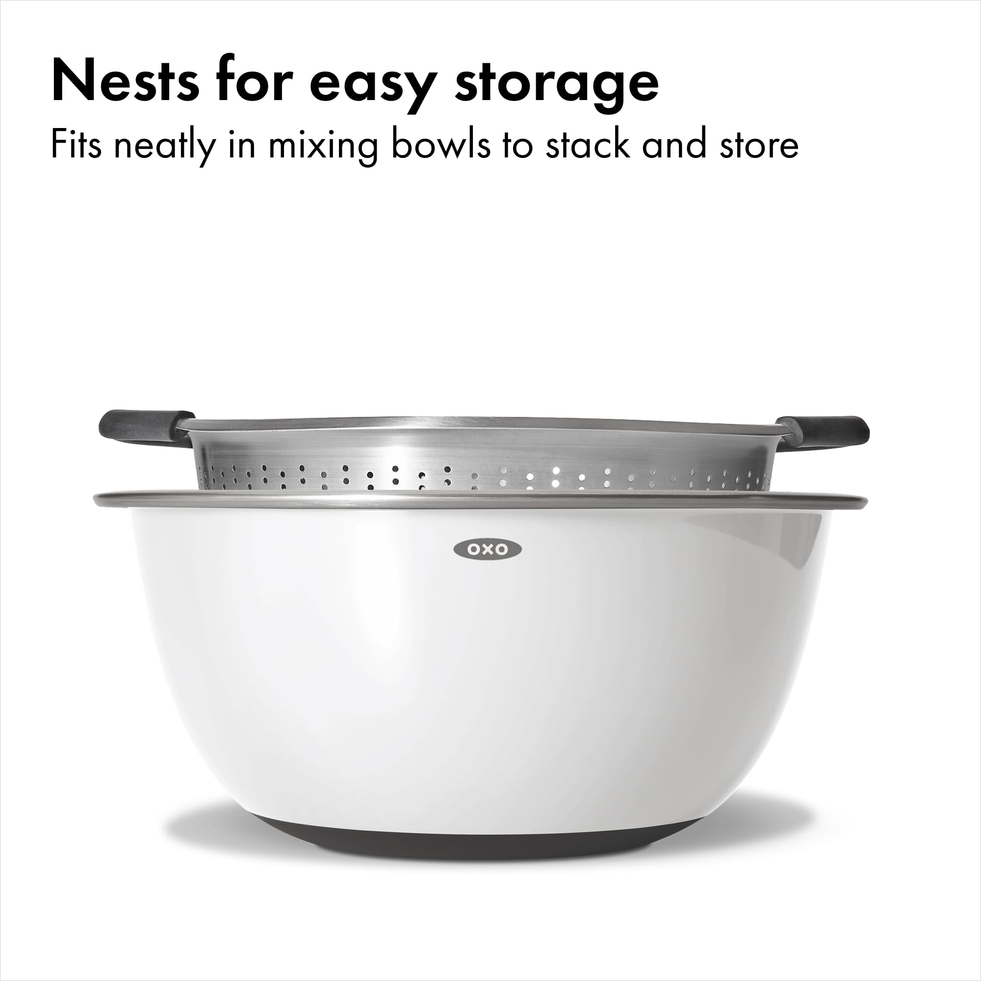 OXO Good Grips colander available in 3 qt and 5 qt sizes for flexibility