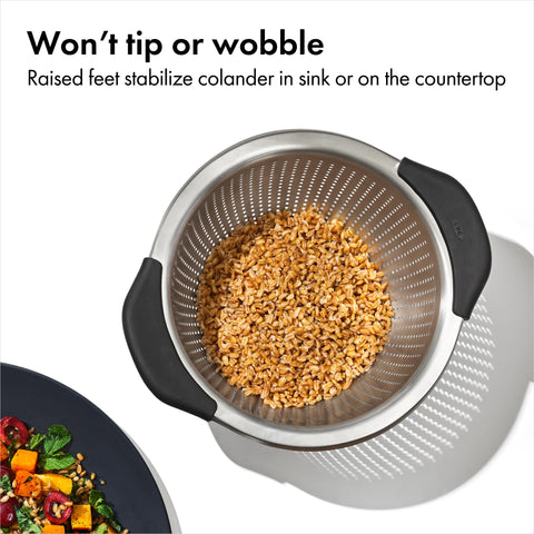 OXO Good Grips colander's three raised feet for stability during rinsing