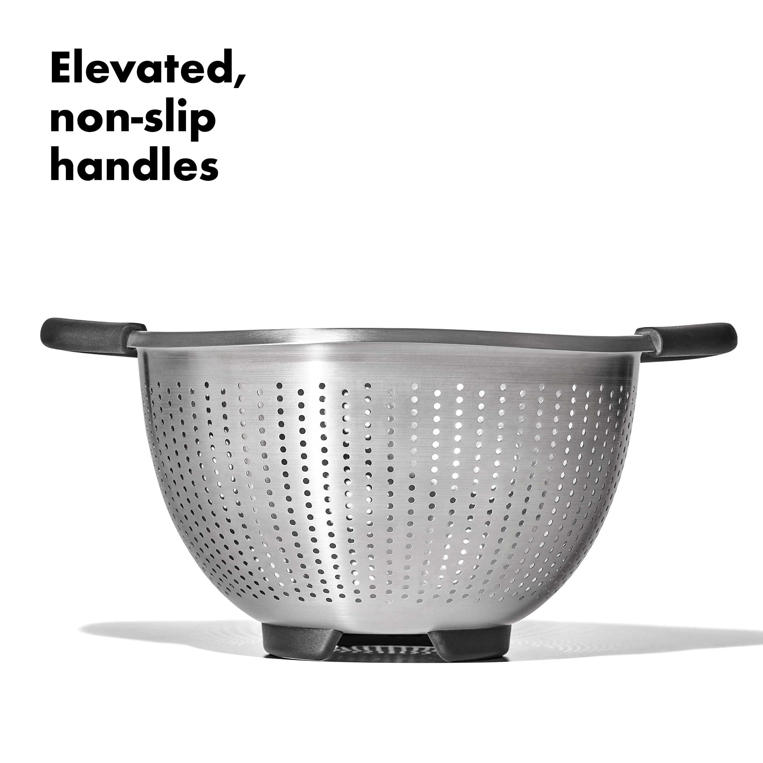 OXO Good Grips colander in use with steady handles and smooth pouring