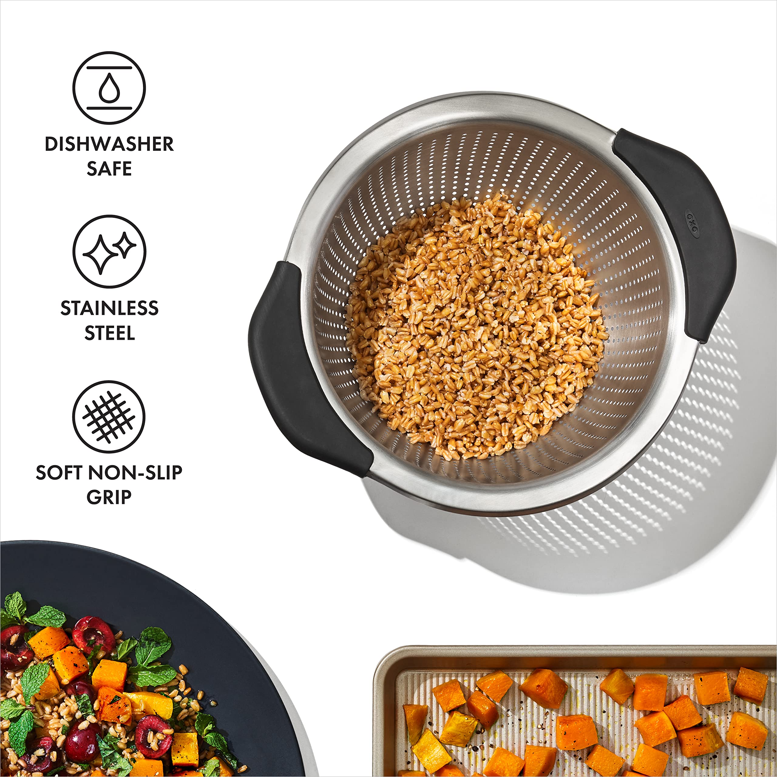 OXO Good Grips perforated colander design for fast, thorough straining