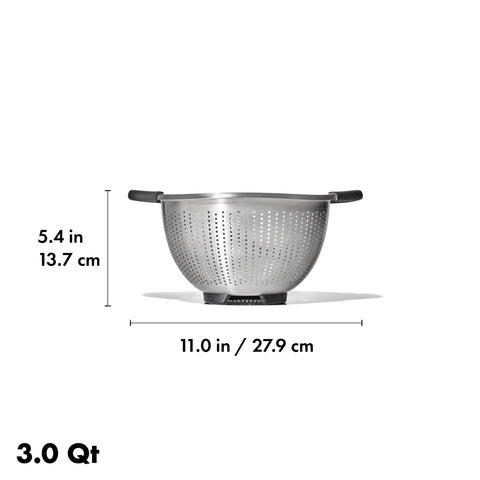 OXO Good Grips colander stored on countertop for quick batch rinses