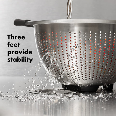 OXO Good Grips colander with three feet resting securely in sink