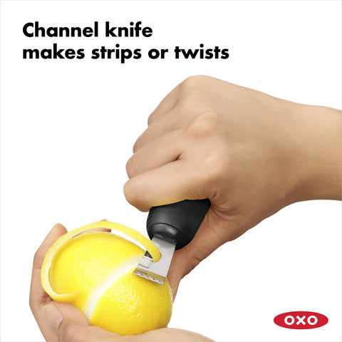 OXO Good Grips stainless steel head close-up emphasizes durable, rust-resistant design.