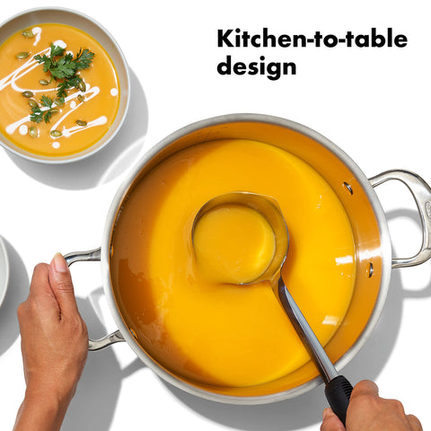 OXO Good Grips stainless steel ladle for scooping soups and stews.