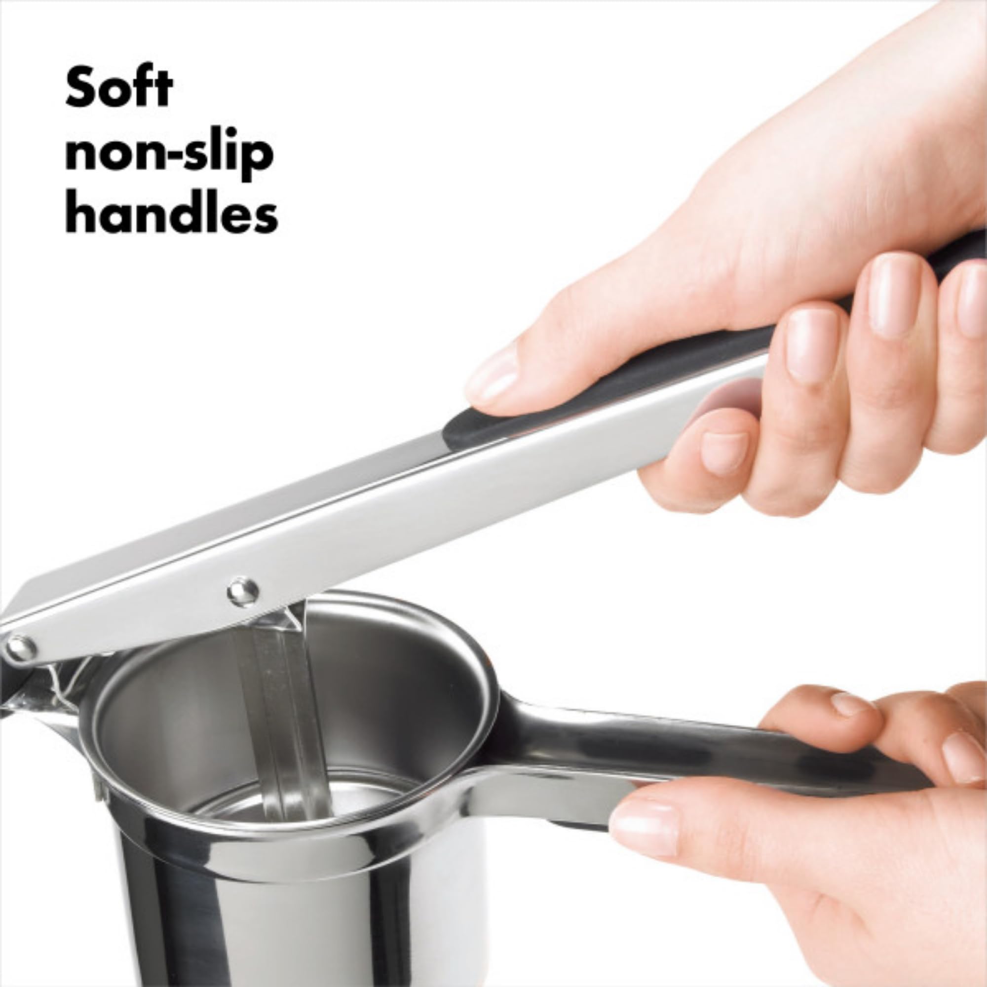 OXO Good Grips potato ricer with non-slip knob holds steady on bowls