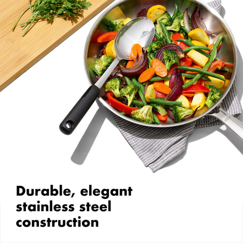 OXO Good Grips stainless steel slotted spoon for draining and serving sauces.