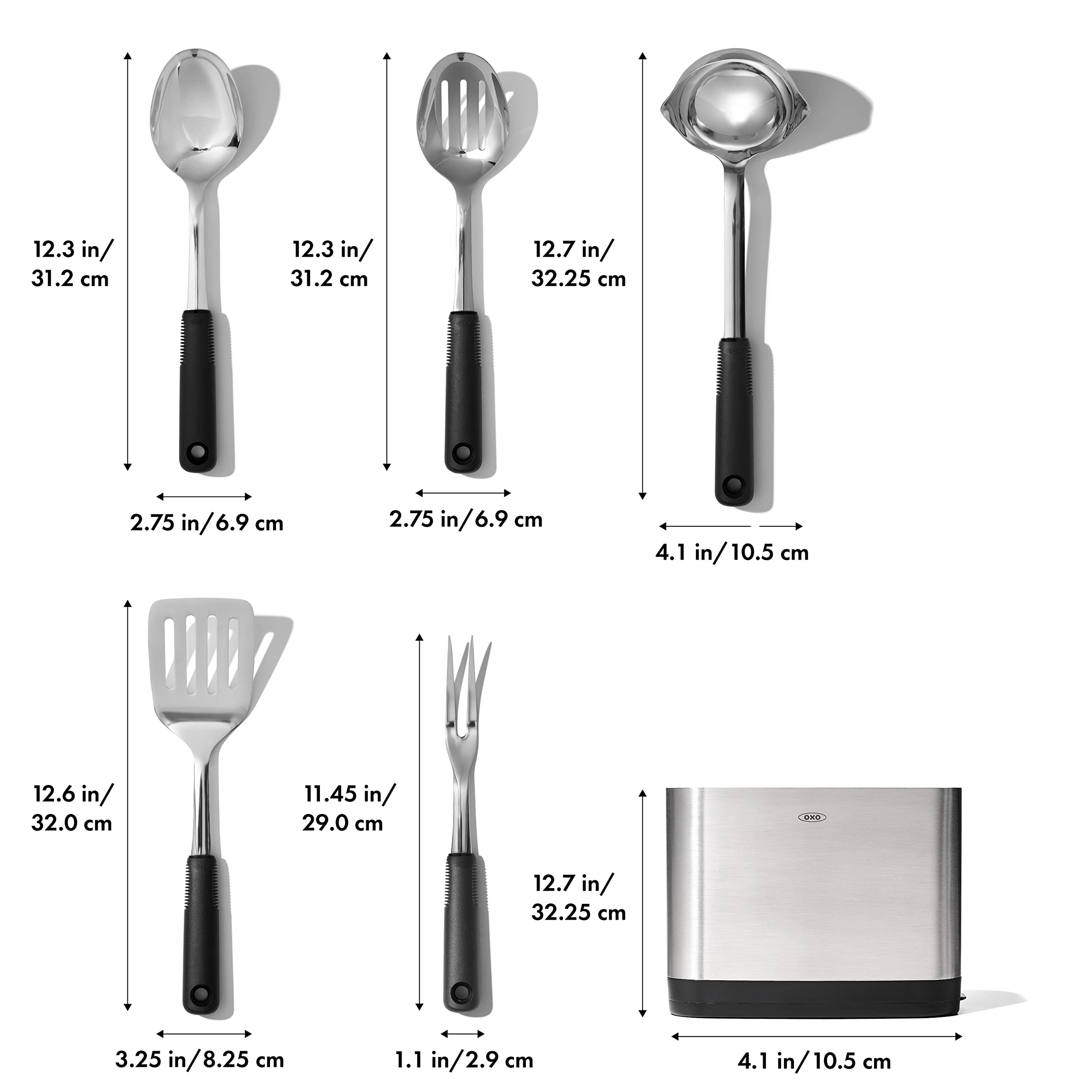 OXO Good Grips stainless steel spoon for stirring and serving with comfort.