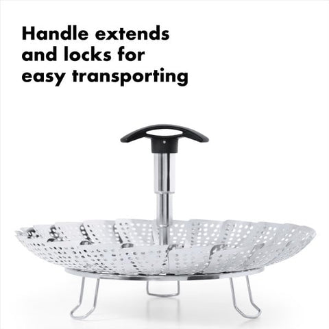 OXO Good Grips steamer fits 8-inch pots and larger for versatile steaming.