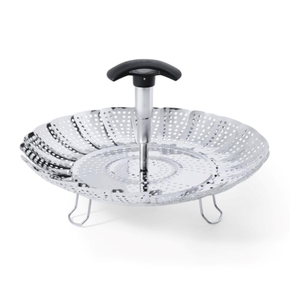 OXO Good Grips stainless steel steamer with extendable handle for easy filling and transport.