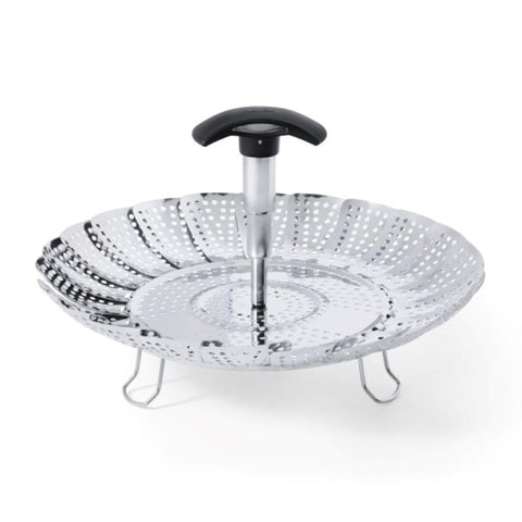 OXO Good Grips stainless steel steamer with extendable handle for easy filling and transport.