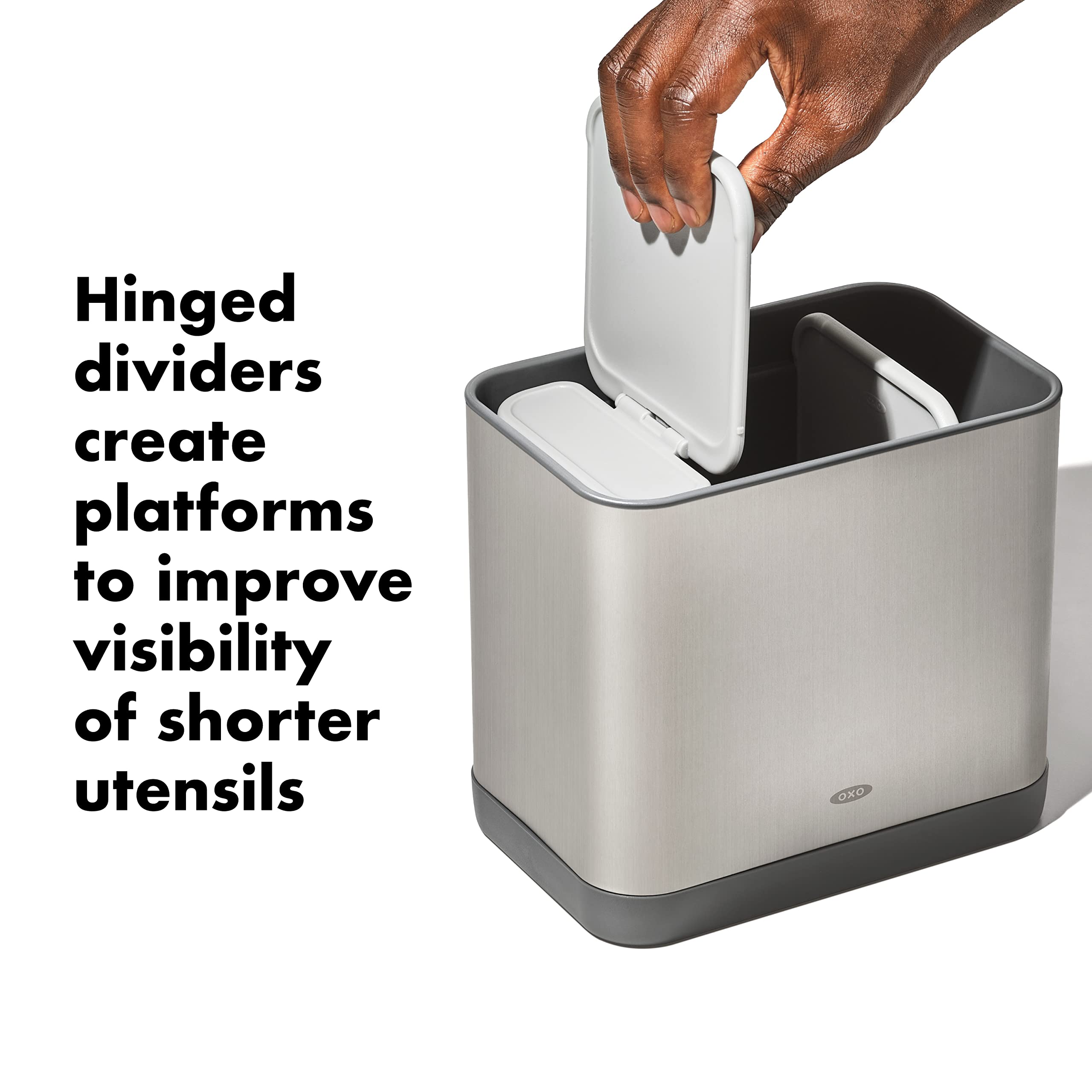 OXO Good Grips stainless steel utensil holder with tall walls for upright organization.