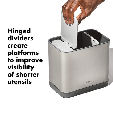 OXO Good Grips stainless steel utensil holder with tall walls for upright organization.