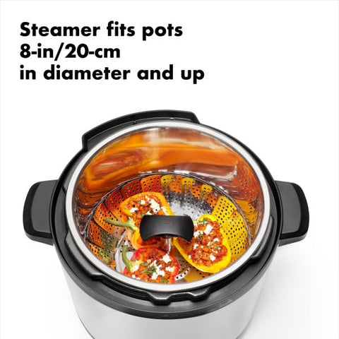 OXO Good Grips steamer with folding feet for compact storage and ideal water circulation.