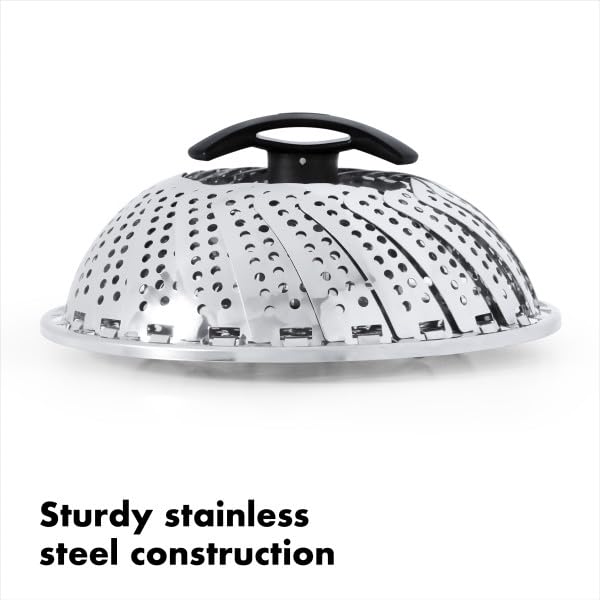 OXO Good Grips steamer shows fork-hole design to keep hands away from steam.