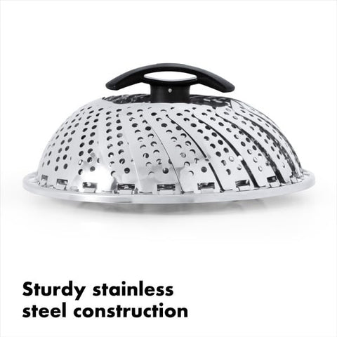 OXO Good Grips steamer shows fork-hole design to keep hands away from steam.
