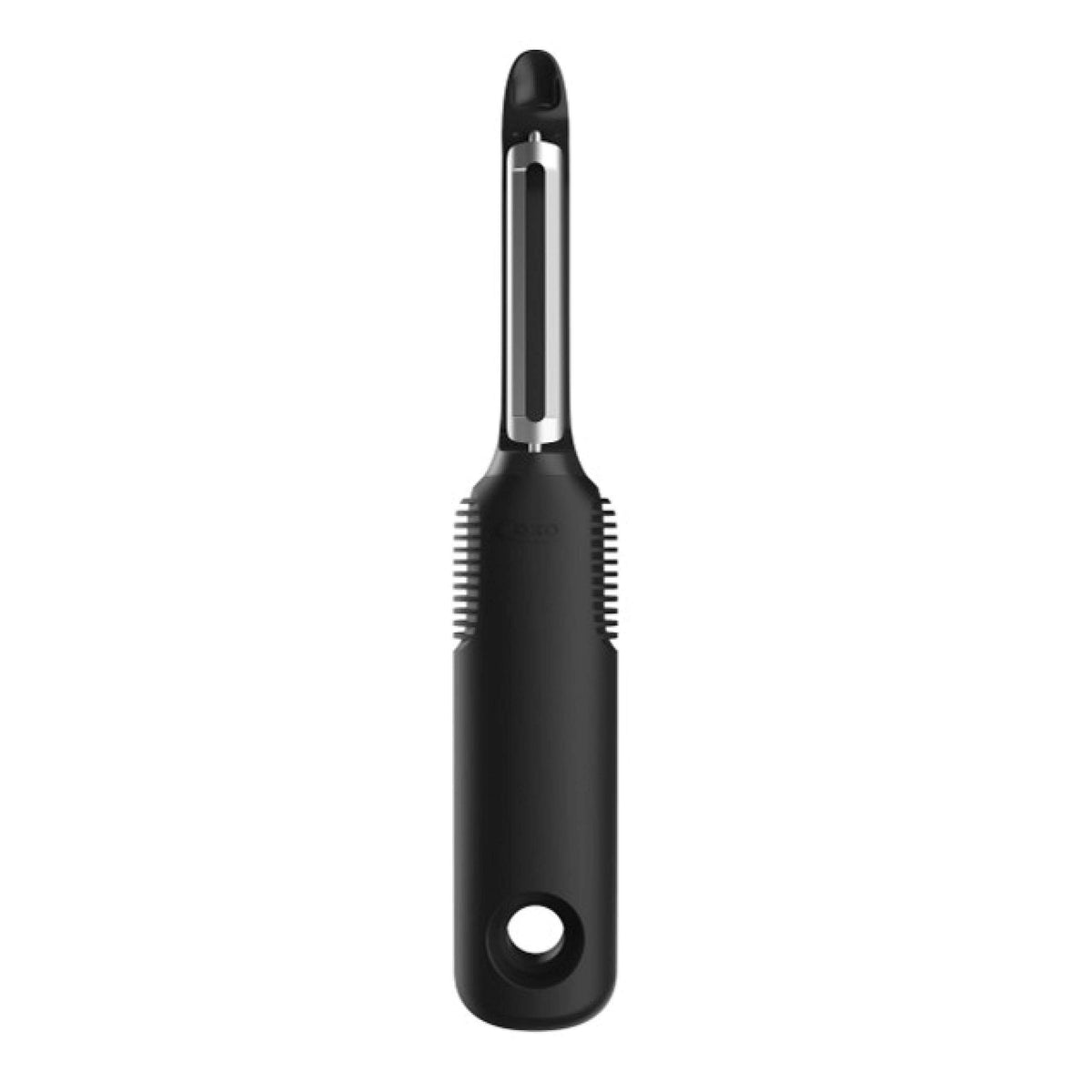 OXO Good Grips Swivel Peeler blade close-up shows flexible blades for tough skins.