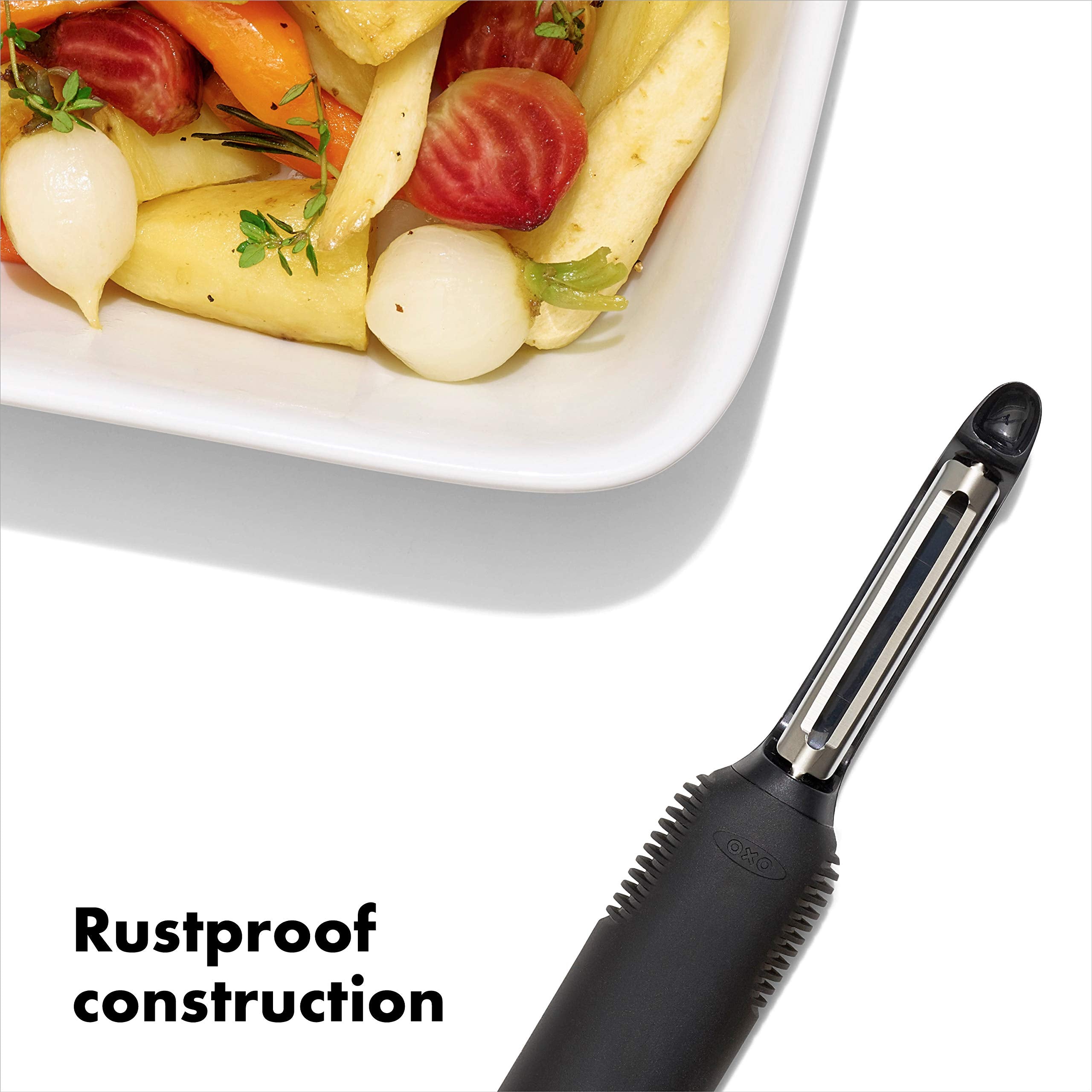 OXO Good Grips Swivel Peeler built-in potato eye remover carves blemishes without damaging produce.