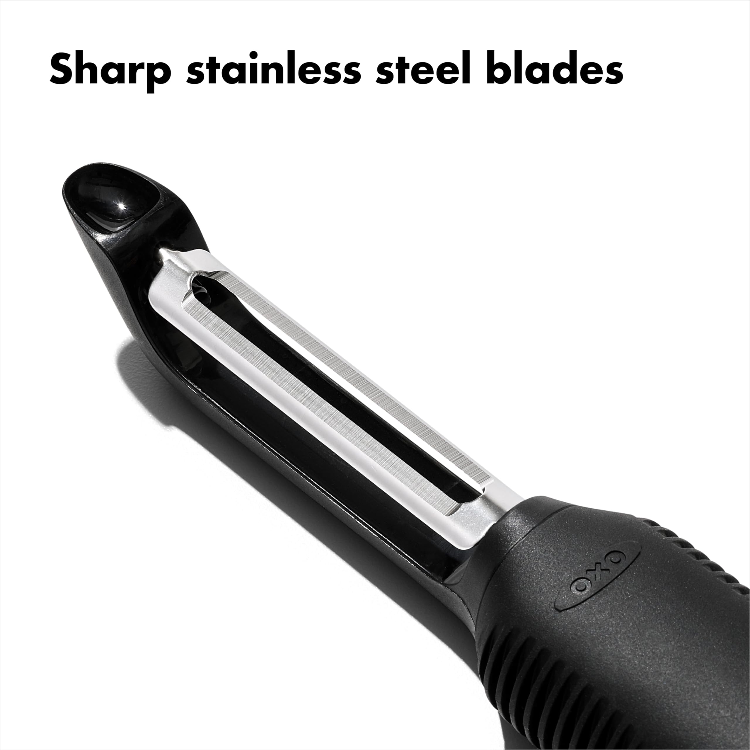 OXO Good Grips Swivel Peeler ergonomic handle provides non-slip comfort wet or dry.