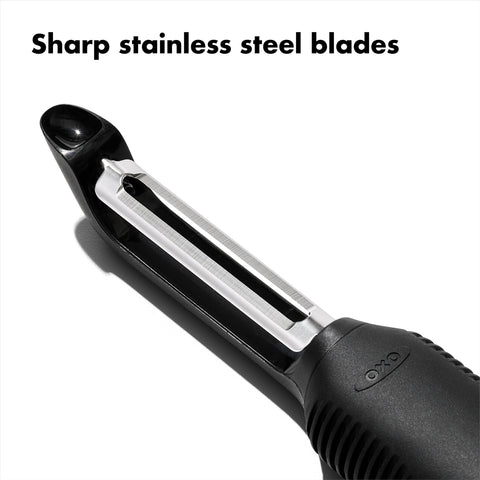 OXO Good Grips Swivel Peeler ergonomic handle provides non-slip comfort wet or dry.