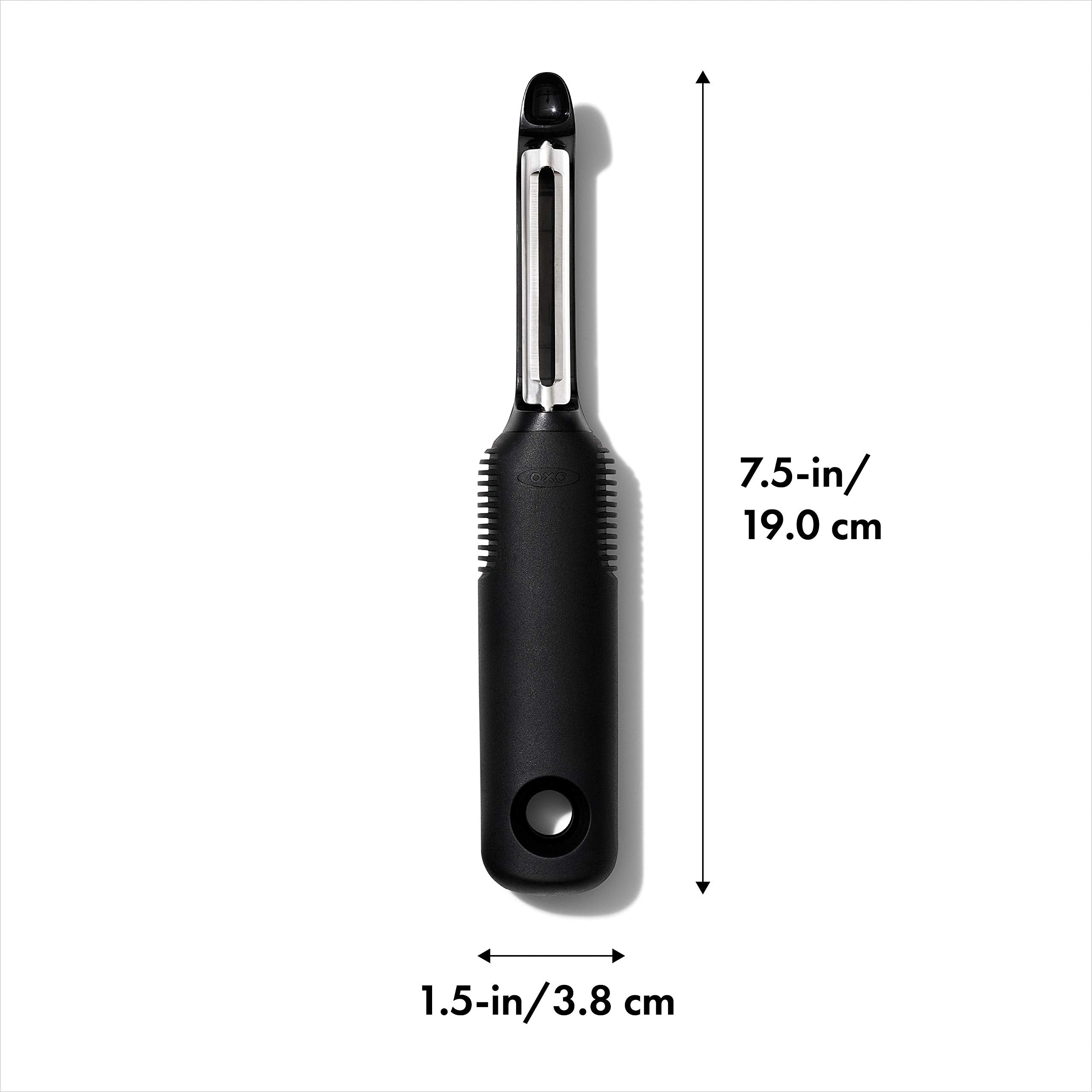 OXO Good Grips Swivel Peeler handles many fruits and vegetables with contouring blades.