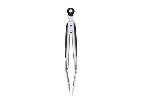 OXO Good Grips tongs with scalloped edges securely gripping foods