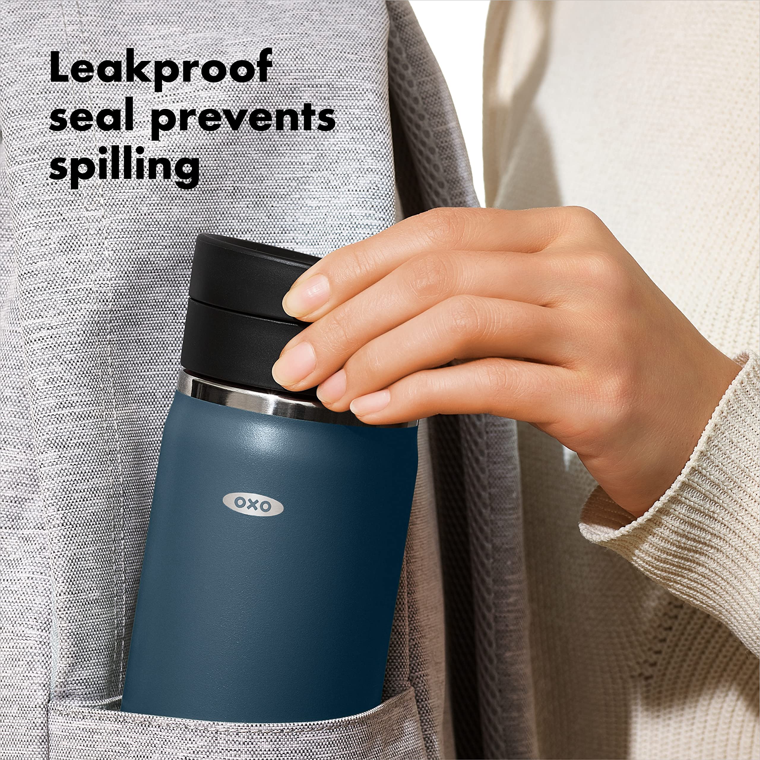 OXO Good Grips mug is dishwasher safe for effortless cleanup after trips.