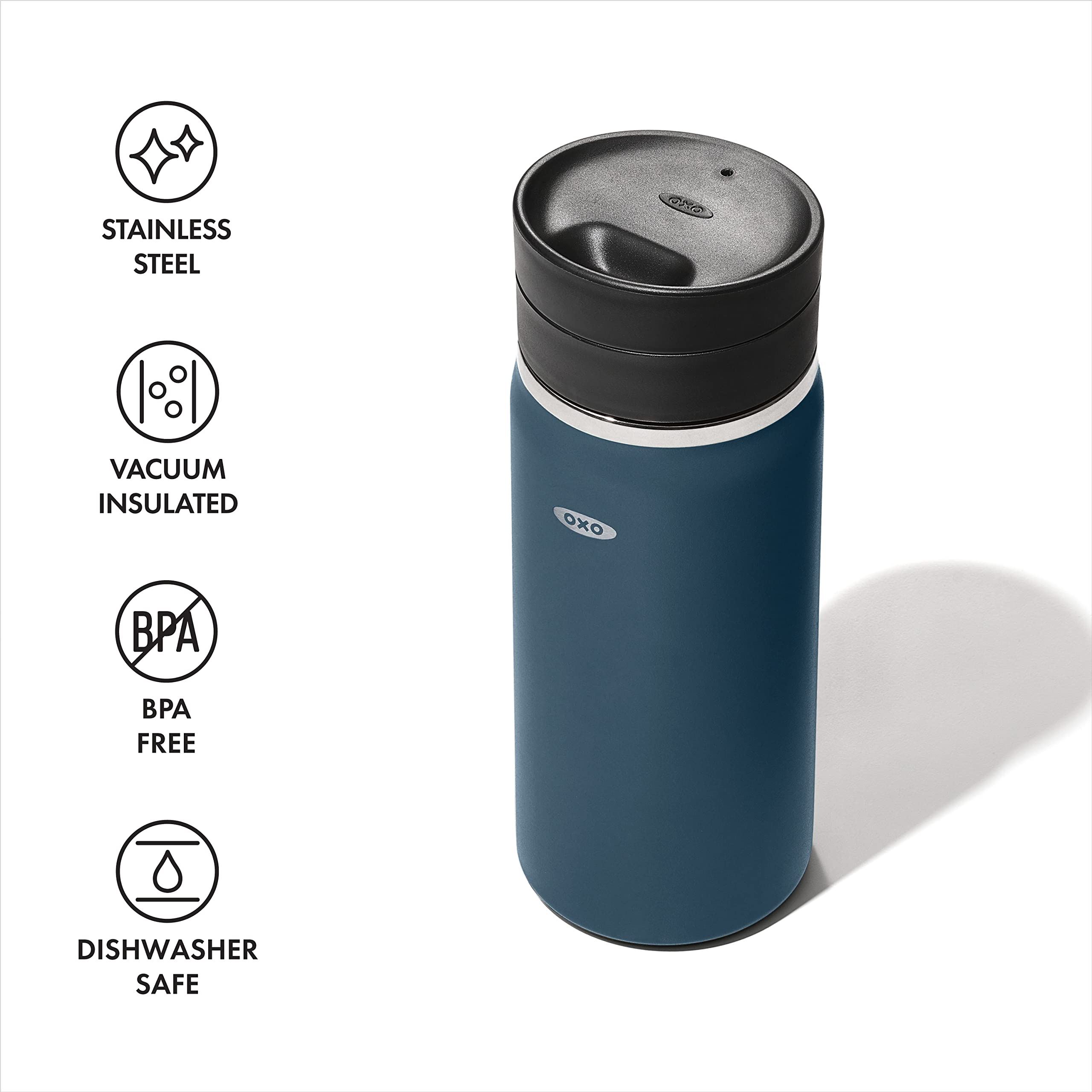 OXO Good Grips mug sweatproof coating stays cool to the touch during travel.