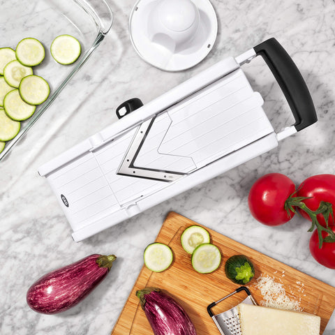 OXO Good Grips textured runway minimizes sticking during slicing.