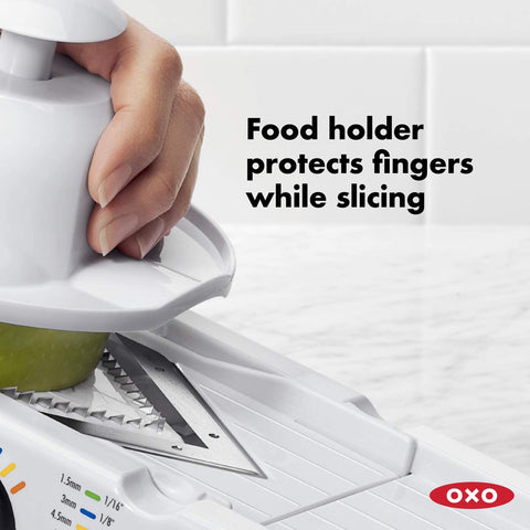 OXO Good Grips wavy blade creates crinkle cuts with even texture.
