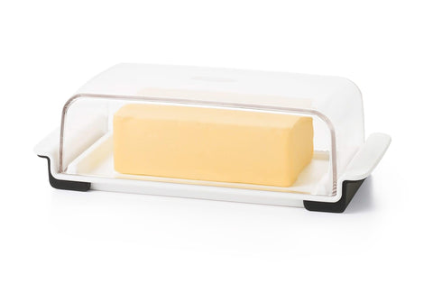 OXO Good Grips Wide Butter Dish with lid for stable slicing.