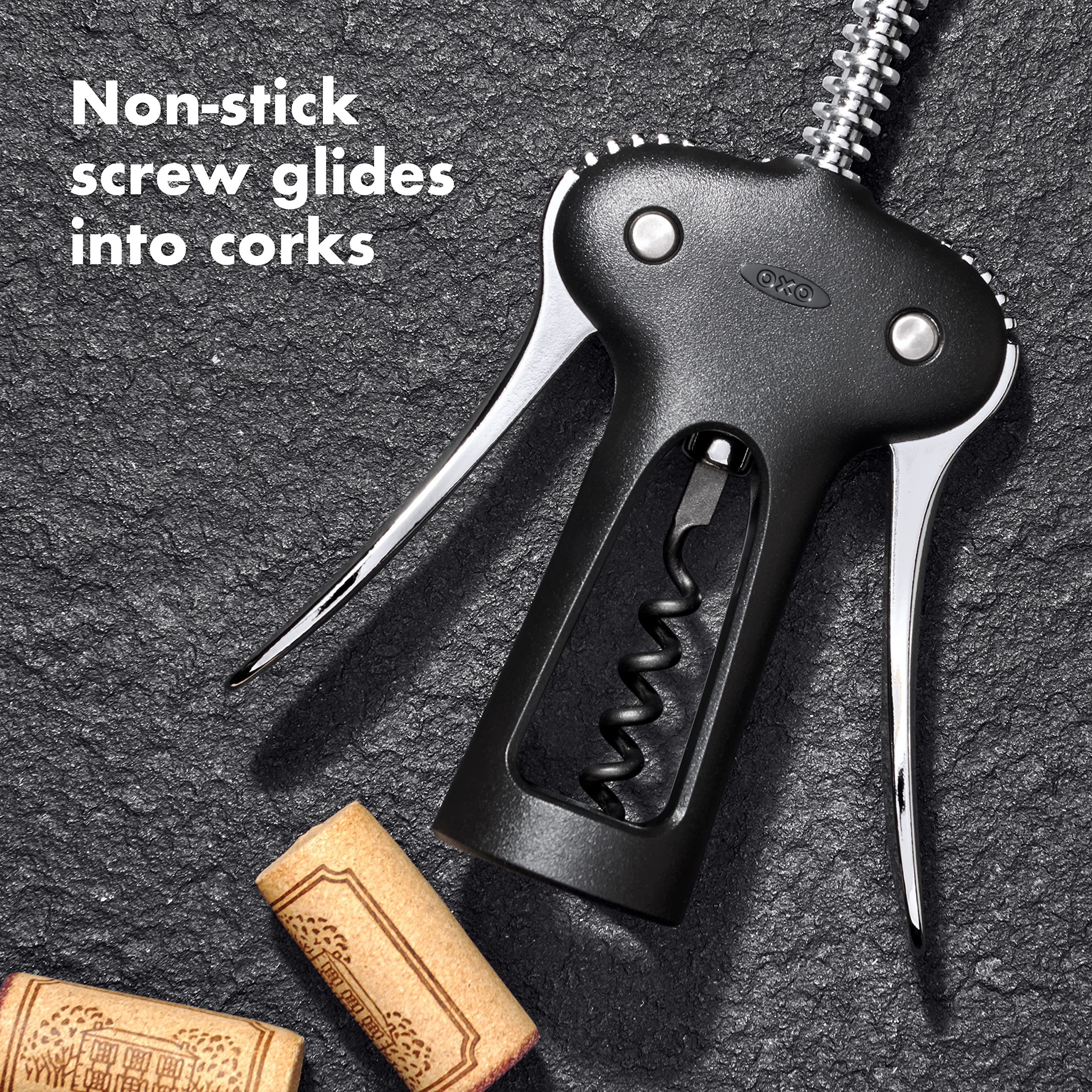 OXO Good Grips Winged Corkscrew shows built-in bottle opener on the turning knob.
