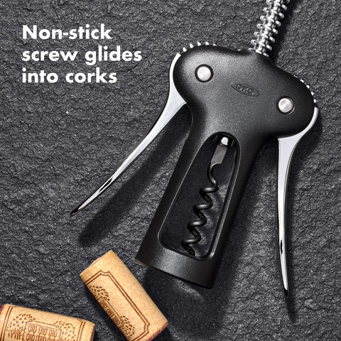 OXO Good Grips Winged Corkscrew shows built-in bottle opener on the turning knob.