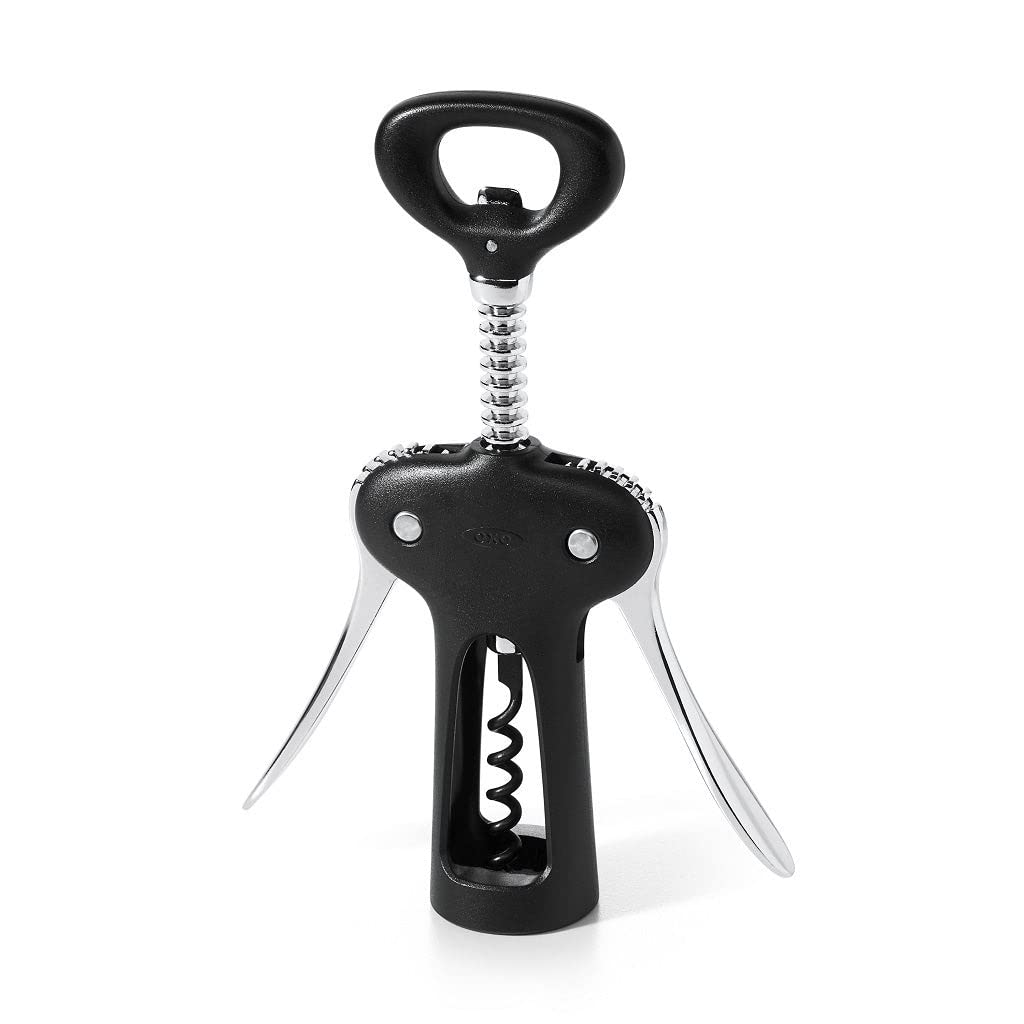 OXO Good Grips Winged Corkscrew inserts into a cork for smooth removal.
