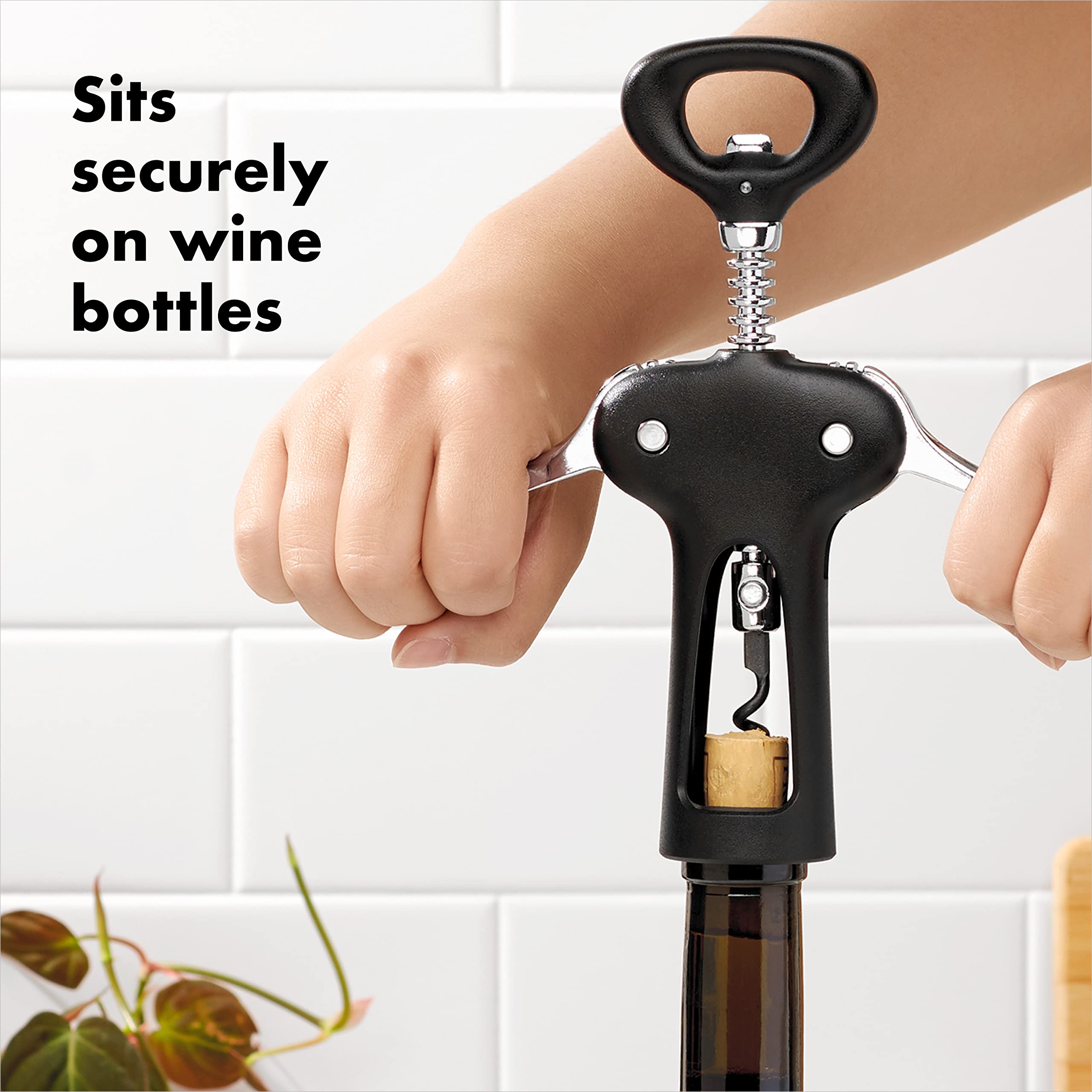 OXO Good Grips Winged Corkscrew contoured turning knob with integrated bottle opener.