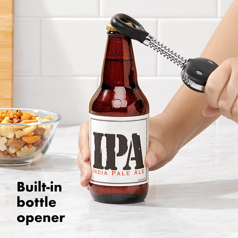 OXO Good Grips Winged Corkscrew stays stable on any bottle for quick use.