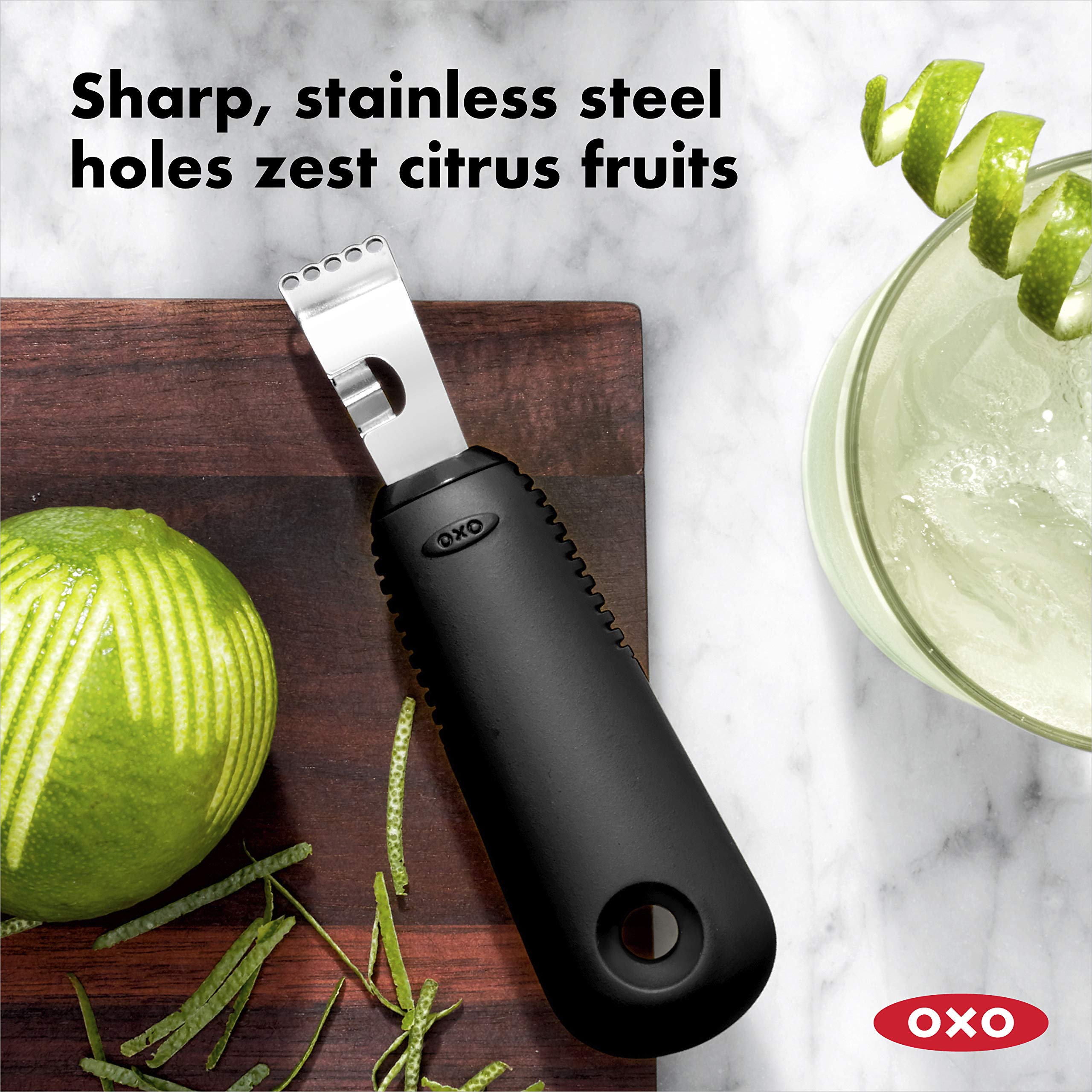 OXO Good Grips zester with handle in use for easy zesting and garnish prep.