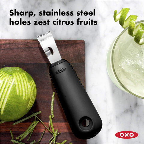 OXO Good Grips zester with handle in use for easy zesting and garnish prep.